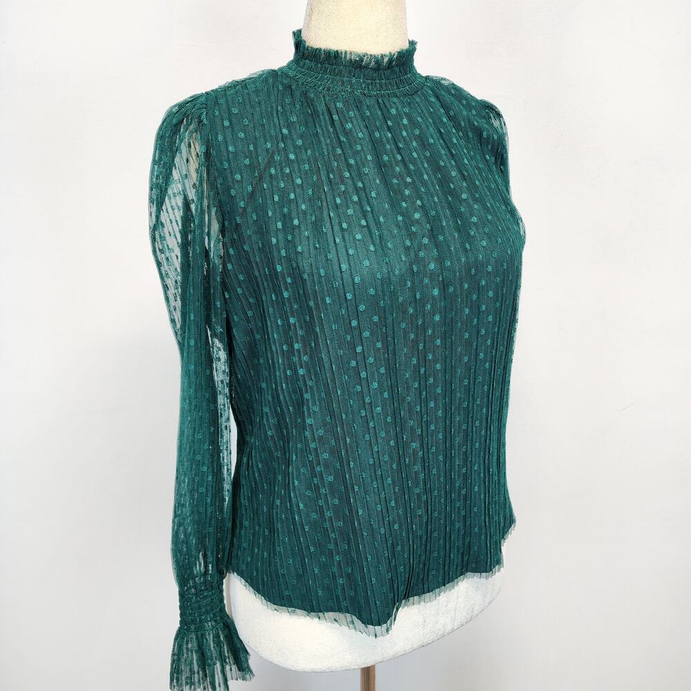 Womens Sheer Sleeve High Neck Blouse Size L Green Swiss Dot Gothic Whimsy Poet